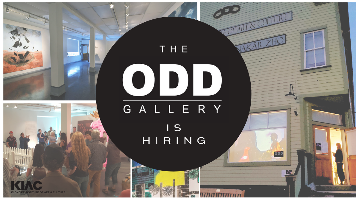 The ODD Gallery logo that says "The ODD Gallery is Hiring" with photos in the background of the gallery with artwork and people attending an artist talk and a photo of the building.