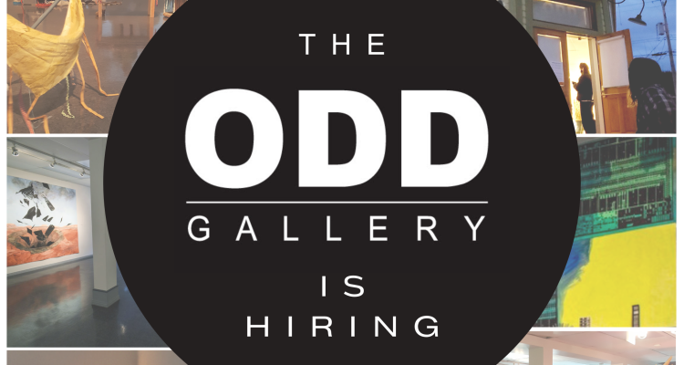 The ODD Gallery logo that says "The ODD Gallery is Hiring" with photos in the background of the gallery with artwork and people attending an artist talk and a photo of the building.